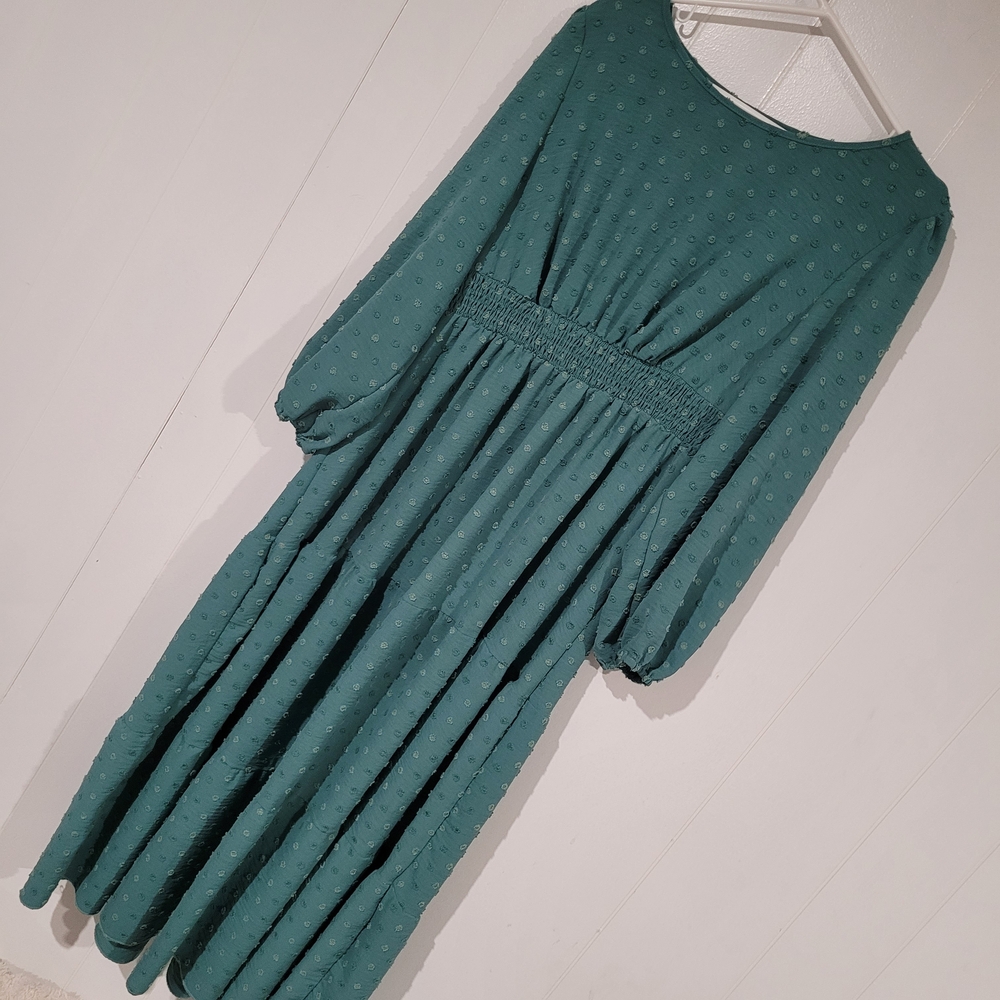 Teal Green Swiss Dot Flowy dress, Boat Neck, Shirred Waist, Long Sleeves.